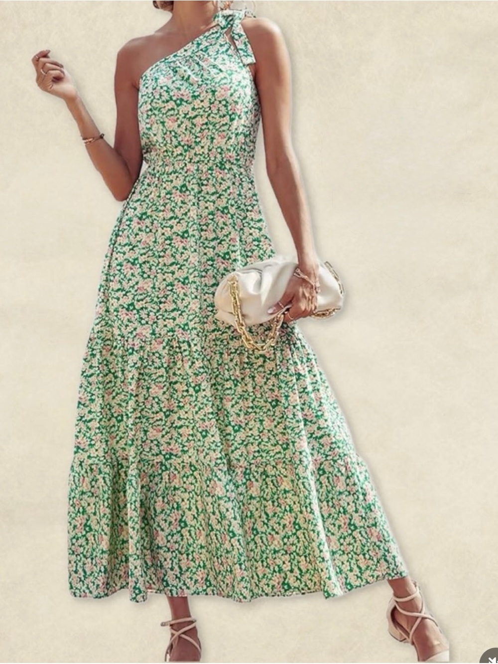 PrettyGarden One-Shoulder Green Floral Maxi Dress Size Small